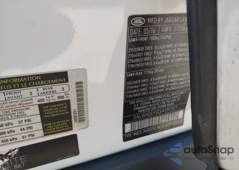 2016 Land Rover Range Rover Sport 5.0L V8 Supercharged/5.0L V8 Supercharged Dynamic z USA, uszkodzony, nr VIN SALWR2EF9GA597221